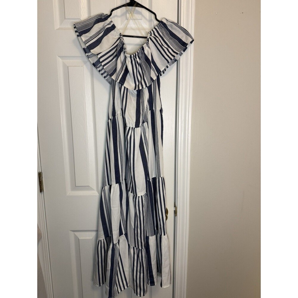 Stylehouse Cottagecore Blue White Striped Off Shoulder Maxi Dress XL Tiered New - Picture 14 of 16